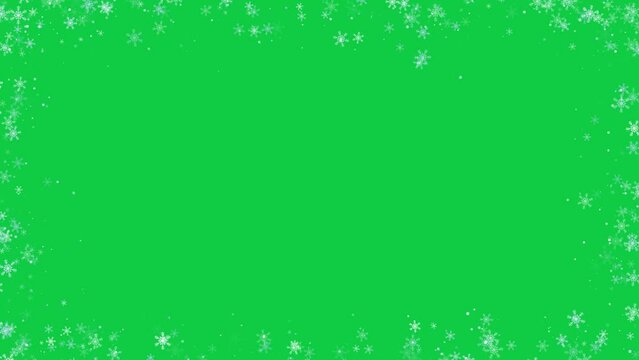 snow flakes border frame  on green screen background animation, snow flakes falling, new year and Christmas concept overlay design element	