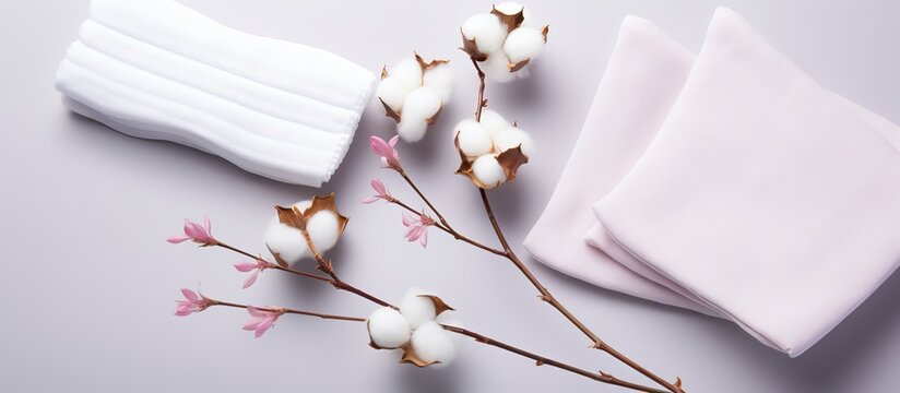Environmentally friendly reusable fabric pads and branch with buds on gray background Zero waste feminine hygiene