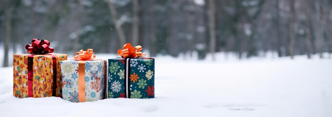 Christmas background with stack of colorful presents in snowy landscape, Colorful gift boxes in snow copy space. Merry Christmas concept background