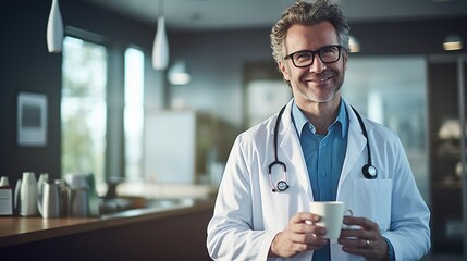 Health care: Portrait of a doctor in the break room after work. Doctor drinking coffee. Doctor's room. Relaxing. Standing and talking.