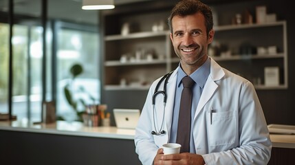 Fototapeta premium Health care: Portrait of a doctor in the break room after work. Doctor drinking coffee. Doctor's room. Relaxing. Standing and talking.