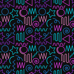 Multicolor abstract seamless pattern, vibrant shapes and geometric dot patterns. Trendy design 80s-90s Memphis style, ethnic hipster background. Vector