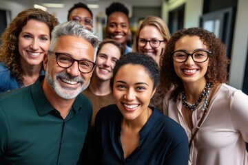 Multicultural happy people taking group selfie portrait in the office, diverse people celebrating together, Happy lifestyle and teamwork concept - Powered by Adobe