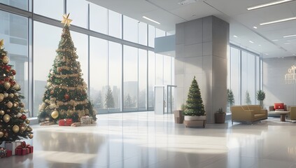 Amplia oficina con arbol de navidad, espaciosa y blanca