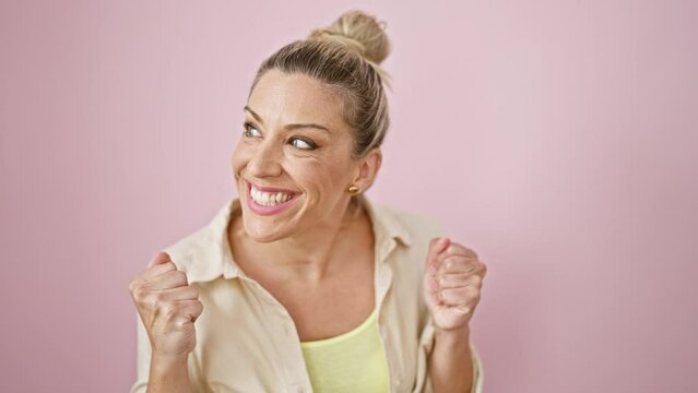 Young blonde woman smiling confident looking for celebrating over isolated pink background
