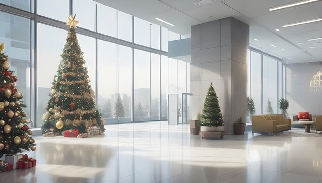 Amplia oficina con arbol de navidad, espaciosa y blanca
