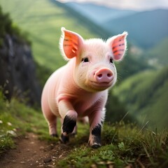 Lindo cerdito bebe subiendo una colina en el campo tierno y rosado