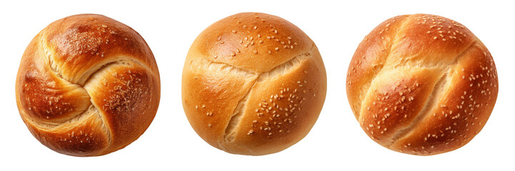 Set of bread bun is isolated on a transparent or white background in the top view - obrazy, fototapety, plakaty