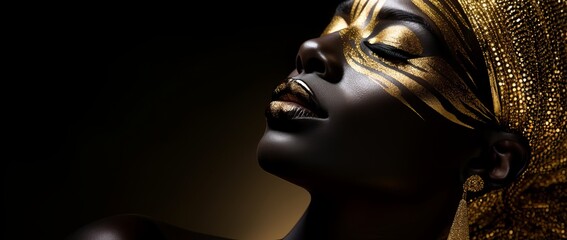 Close-up photo a beautiful black woman with gold makeup on her face, in the style of glittery, gold and moody style. Created with generative AI technology - obrazy, fototapety, plakaty