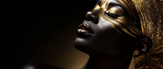 Foto op Plexiglas Close-up photo a beautiful black woman with gold makeup on her face, in the style of glittery, gold and moody style. Created with generative AI technology © AI Visual Vault