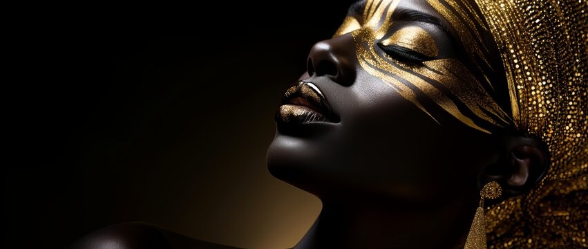 Close-up photo a beautiful black woman with gold makeup on her face, in the style of glittery, gold and moody style. Created with generative AI technology
