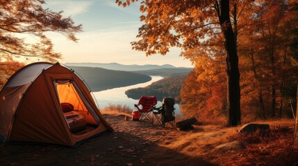Picturesque Tent Camping Scene by a Serene Lake in the Woods. Ideal for travel magazines, camping gear promotions or nature themed website banners. - obrazy, fototapety, plakaty