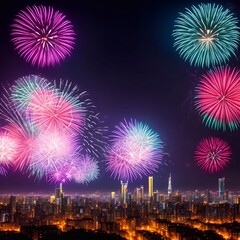 Fototapeta premium the Fireworks over the big city new year celebrating generative ai illustration art