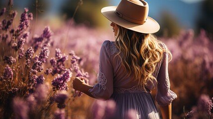 A happy woman walking through in lavender flower field