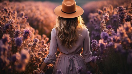  A happy woman walking through in lavender flower filed