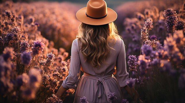  A happy woman walking through in lavender flower filed