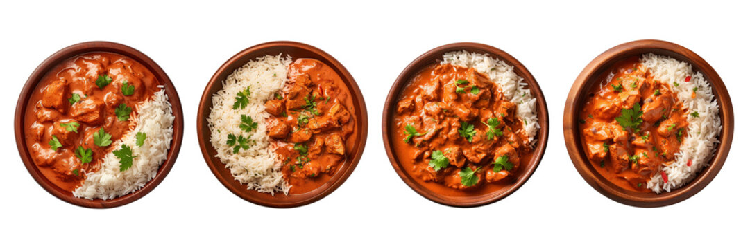 Set of chicken tikka spicy curry meat food with rice on a clay plate isolated on a transparent or white background in the top view