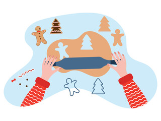 Christmas cookies. A woman rolls out dough for homemade cookies with icing.