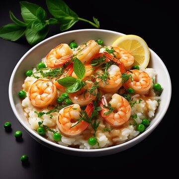 Culinary Elegance Presents Isolated Shrimp Risotto with Peas Generative AI