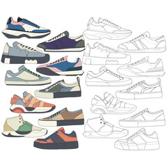 Set of shoes sneaker drawing vector, Sneakers drawn in a sketch style, bundling sneakers trainers template, vector Illustration.
