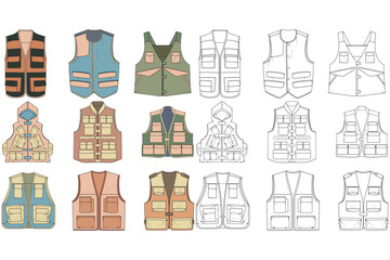 full color vector drawing vest set, vest with sketch style, training template vector vest, vector illustration.
