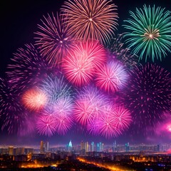 Fototapeta na wymiar the Fireworks over the big city new year celebrating generative ai illustration art