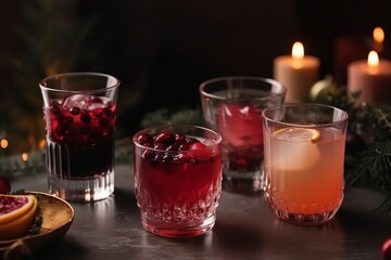 Winter drink &ndash; cocktails in glass with lemon, anise stars, spice, cocoa and cinnamon on merry Christmas and happy new year concept background.