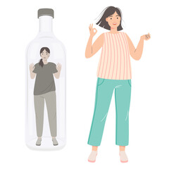 Addiction to alcohol and depression concept. Unhappy woman woman trapped in a bottle. Sad drunk female person, exhausted alcoholic guy. Social issue, abuse, addiction. Vector Illustration