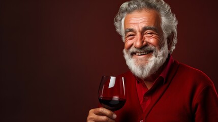 an elderly man dressed in red clothes with a glass of wine in hand