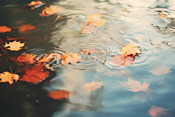 Vibrant autumn leaves floating serenely on a reflective water surface, a picturesque scene of seasonal tranquility.