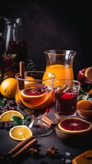 Winter drink – cocktails in glass with lemon, spice, cocoa and cinnamon.