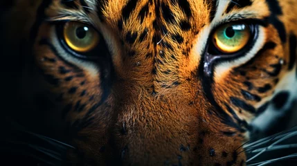 Deurstickers tiger face in dark blackground close shot © Nicolas Swimmer