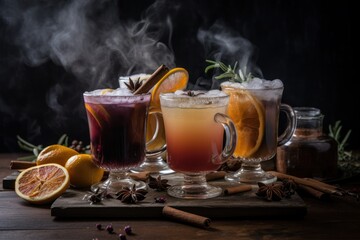 Winter drink – cocktails in glass with lemon, spice, cocoa and cinnamon.