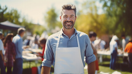 A businessman volunteers at a community event, embodying corporate social responsibility