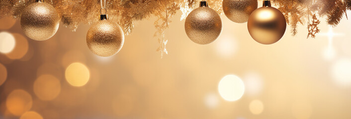 golden christmas ball hanging decoration on light bright bokeh background