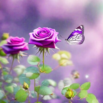 Purple roses bloming brightly and butterflies fly around. It was a beautiful nature.
