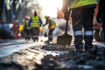 workers' brigade clears a part of the asphalt with shovels in road construction - obrazy, fototapety, plakaty