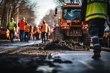 workers' brigade clears a part of the asphalt with shovels in road construction