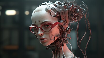 Menschliche Roboter Frau mit Brille. - obrazy, fototapety, plakaty