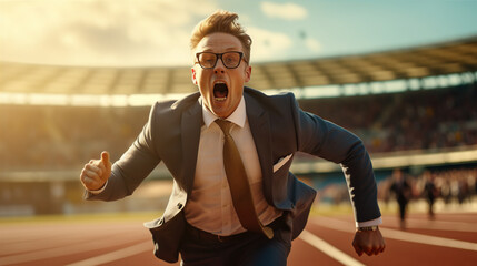 A businessman runs with determination, crossing a metaphorical finish line - obrazy, fototapety, plakaty