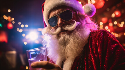 Portrait of santa claus with glass of cocktail in nightclub - obrazy, fototapety, plakaty