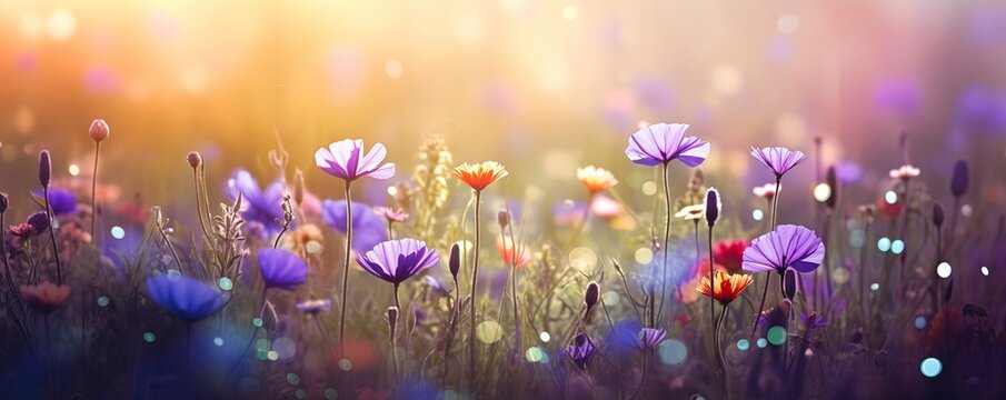purple orange flowers field bright light white sparkles sunlight beams thick layers rhythms gaussian blur radiate connection gleaming silver rich color deity spring