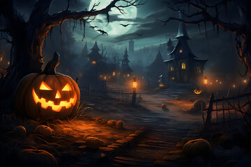 Fototapeta na wymiar Embrace the eerie allure of Halloween night with this hauntingly atmospheric scene. Moonlight casts mysterious shadows, setting a spooky tone.