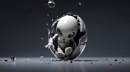 Ein kleiner Roboter schlüpft aus einem Ei.