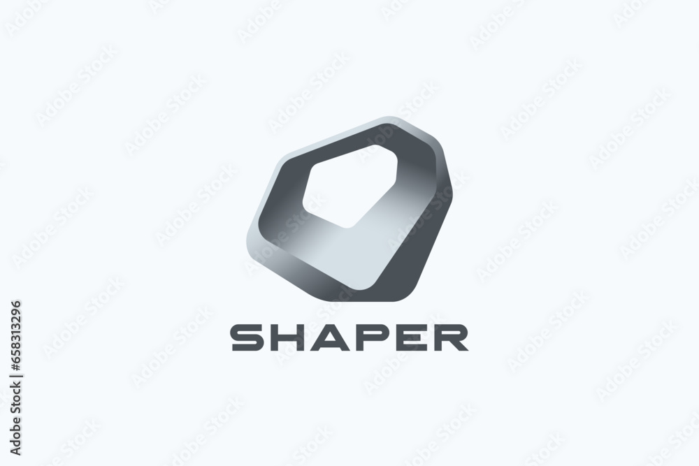 Poster futuristic abstract shape logo design 3d vector template. architecture hitech technology logotype co