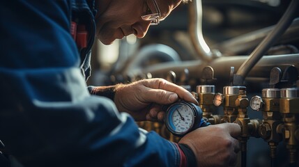maintenance - technician checking pressure meters for house heating system. - obrazy, fototapety, plakaty
