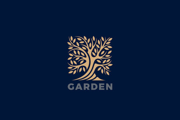 Tree Logo Leaves Abstract Square Shape Design vector. Garden Oak Plant Luxury Concept Logotype icon.
