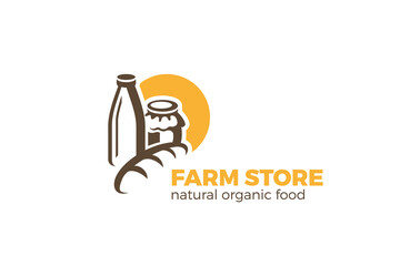 Farm Food Market Logo Design vector. Fresh Milk Honey Bread Bakery Logotype icon concept vintage style.