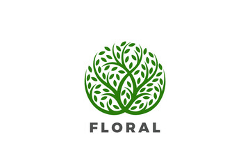 Tree Plant Logo Grean Leaves Circle Shape Design vector. Eco Natural Organic Beauty Spa Cosmetics Brand Logotype abstract icon.