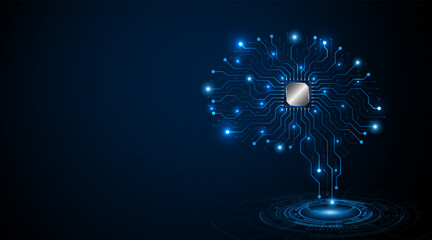 Technology brain circuit board with microchip processor on dark blue background. Data processing concepts. Circuit board high tech technology background. Vector illustration